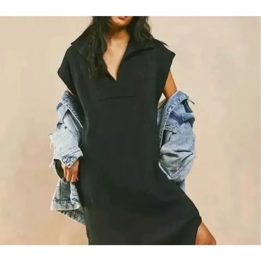 Free People Beach Black Cotton Short Sleeve Midi V-Neck Dress Women’s Small